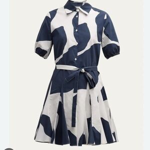 MILLY Women's Grand Foliage Godet Poplin Mini Shirtdress Size 4 In Navy/White